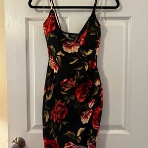 AKIRA Black Dress with Red and Green Floral Design